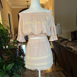Ecru Off-Shoulder Top and skirt set with fringe & ladder lace detail size M